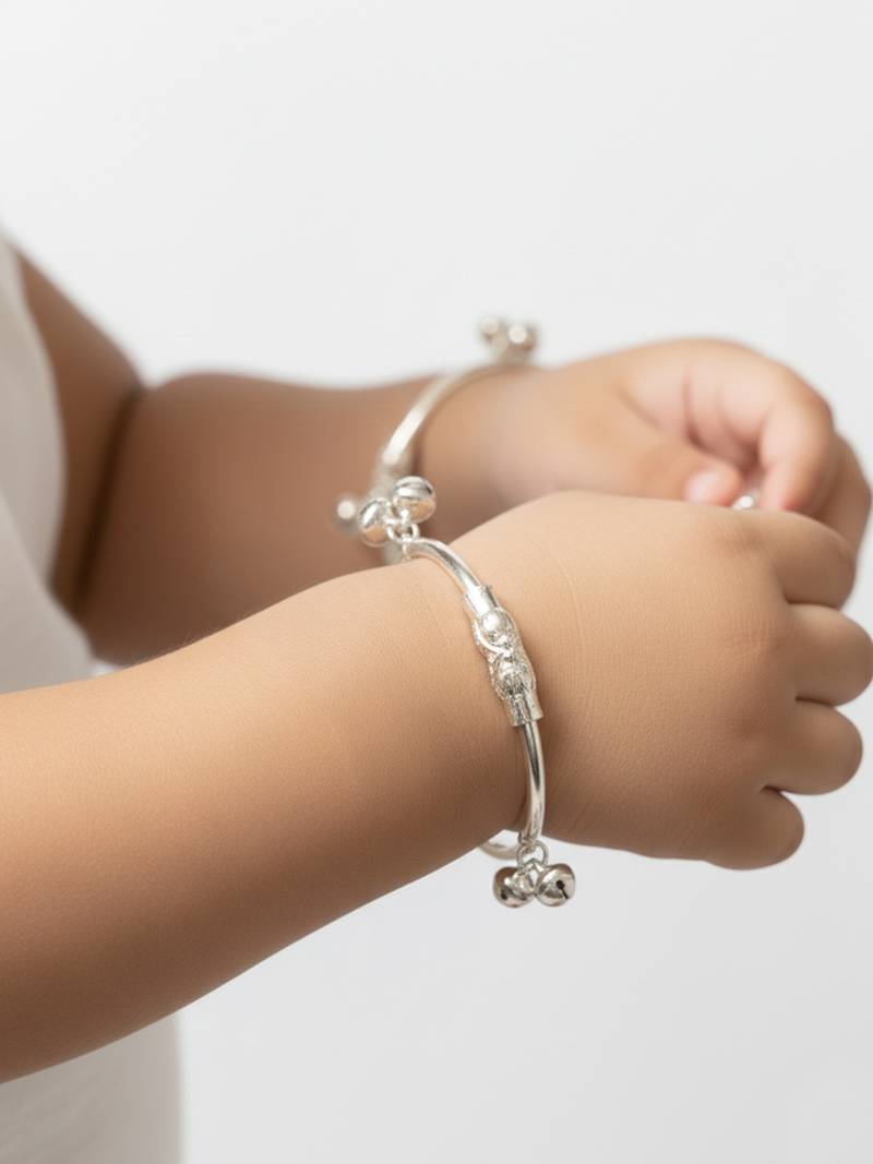 Nvr kids set of 2 silver plated kada nazariya bracelet with ghungroo bells