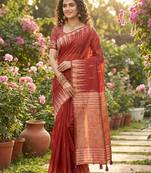 Red color printed casual saree with blouse