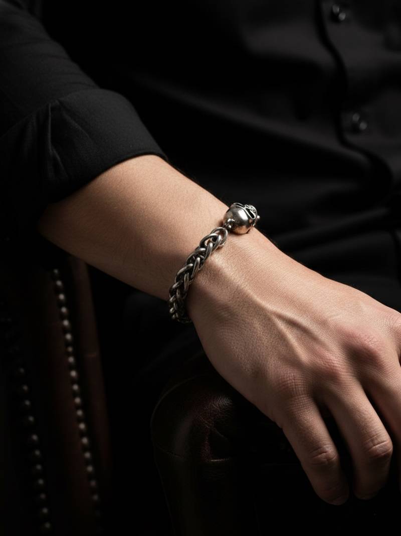 Nvr men's silver plated skull chain bracelet