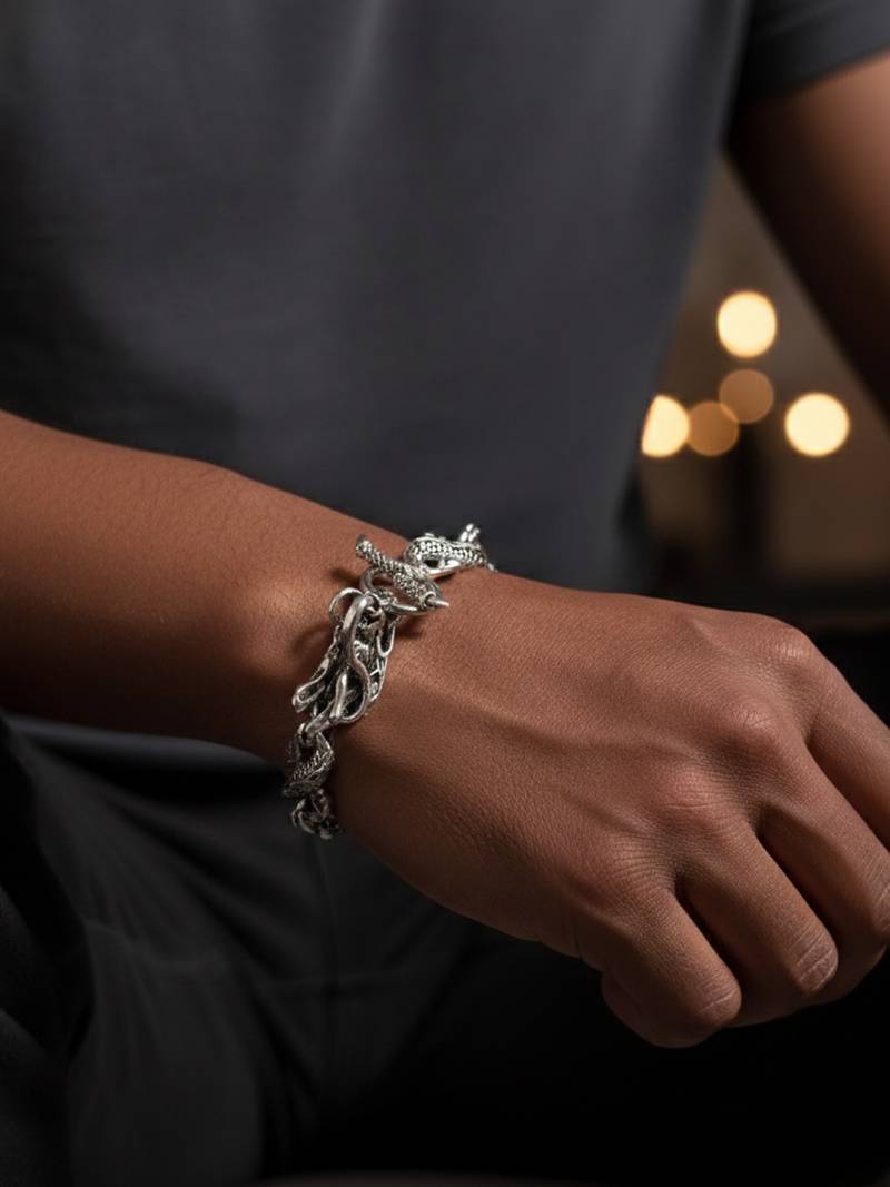 Nvr men's silver plated dragon design bracelet