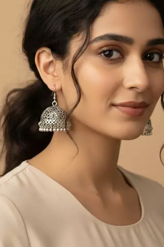 Nvr women oxidized german silver floral design jhumka earrings with ghungroo bells