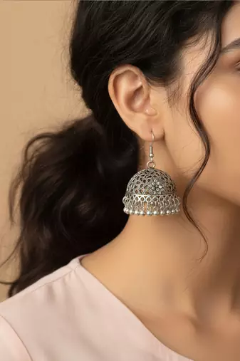 Nvr women oxidized german silver floral design jhumka earrings with ghungroo bells