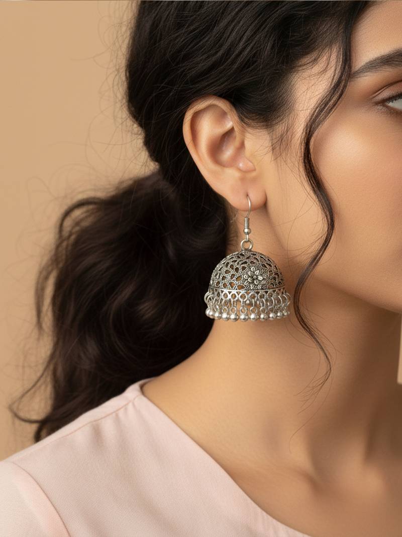 Nvr women oxidized german silver floral design jhumka earrings with ghungroo bells