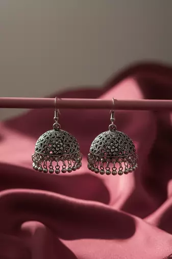Nvr women oxidized german silver floral design jhumka earrings with ghungroo bells