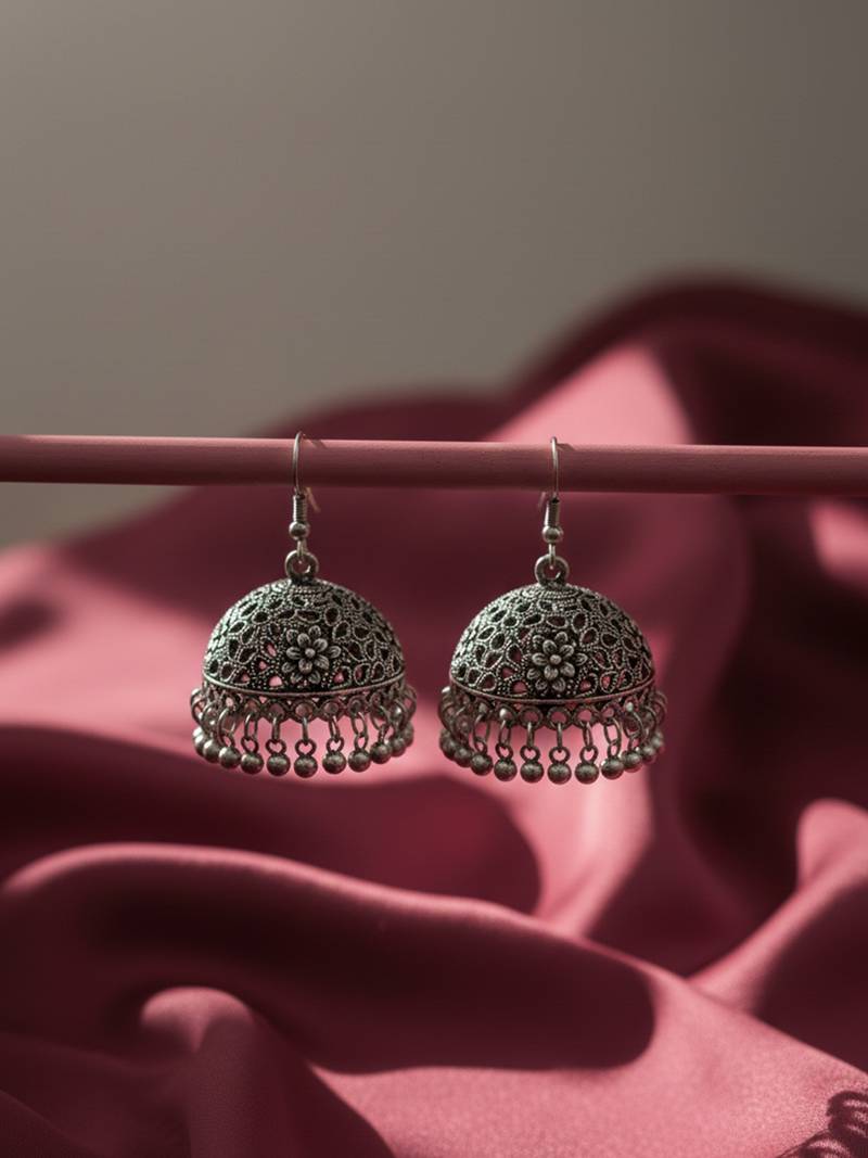 Nvr women oxidized german silver floral design jhumka earrings with ghungroo bells