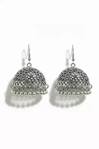 Nvr women oxidized german silver floral design jhumka earrings with ghungroo bells