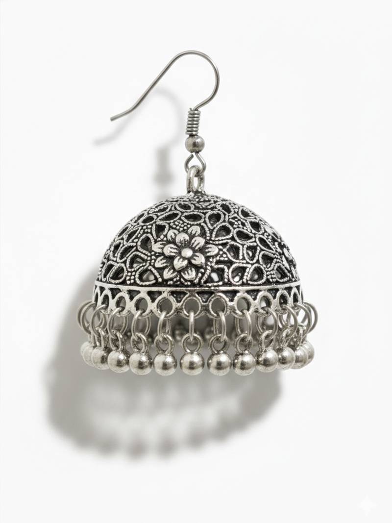 Nvr women oxidized german silver floral design jhumka earrings with ghungroo bells