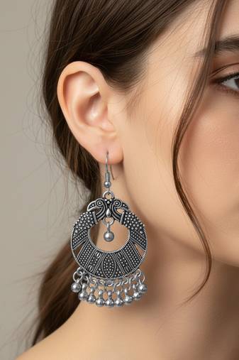 Nvr women's oxidized silver plated peacock design chandbali earrings