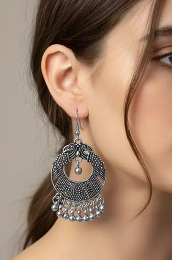 Nvr women's oxidized silver plated peacock design chandbali earrings
