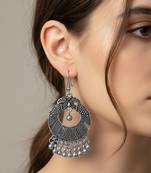 Nvr women's oxidized silver plated peacock design chandbali earrings