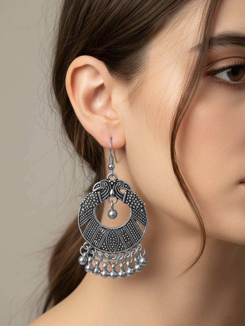Nvr women's oxidized silver plated peacock design chandbali earrings