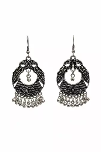 Nvr women's oxidized silver plated peacock design chandbali earrings