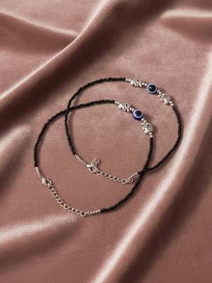 Nvr set of 2 silver plated elephant shaped black & blue beaded evil eye handcrafted anklets 3