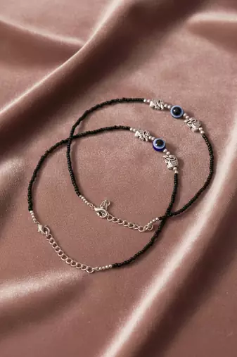 Nvr set of 2 silver plated elephant shaped black & blue beaded evil eye handcrafted anklets