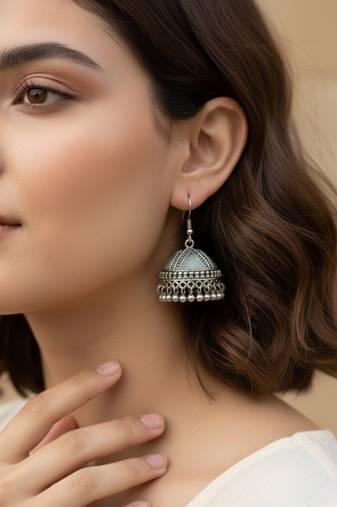 Nvr women antique silver plated oxidised jhumka earrings