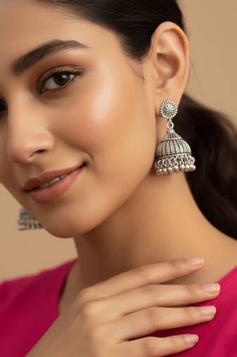 Nvr women's oxidized silver plated jhumkis earring set