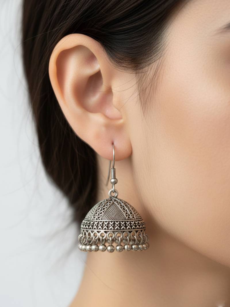 Nvr women antique silver plated oxidised jhumka earrings