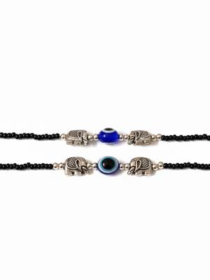 Nvr set of 2 silver plated elephant shaped black & blue beaded evil eye handcrafted anklets 5