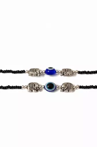 Nvr set of 2 silver plated elephant shaped black & blue beaded evil eye handcrafted anklets