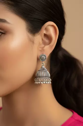 Nvr women's oxidized silver plated jhumkis earring set