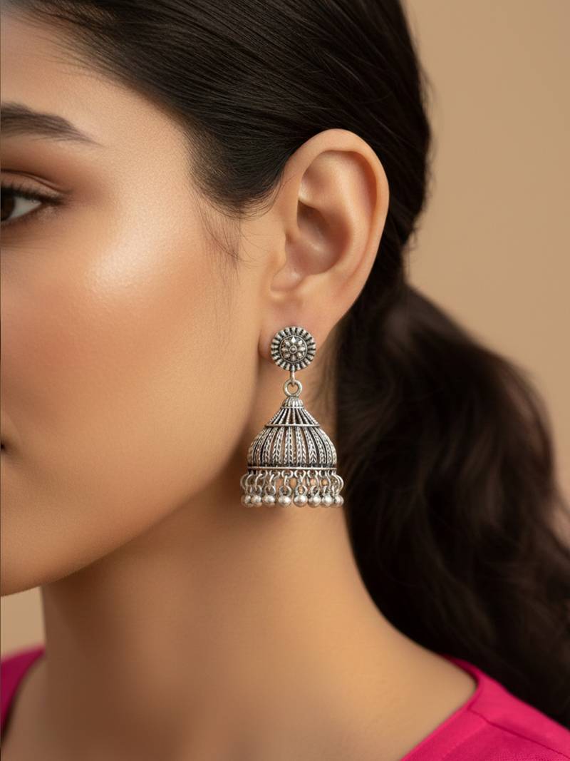 Nvr women's oxidized silver plated jhumkis earring set