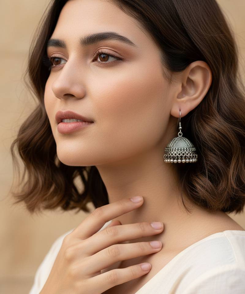 Nvr women antique silver plated oxidised jhumka earrings