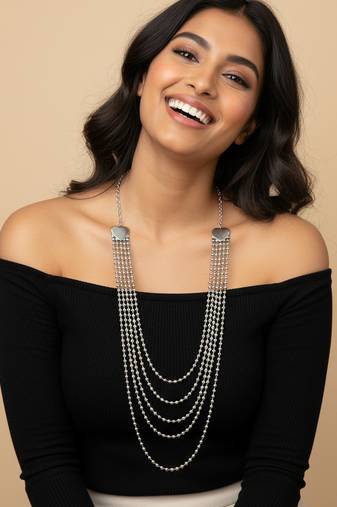 Nvr women silver plated multi-strand ball chain necklace with heart accents