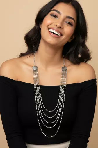 Nvr women silver plated multi-strand ball chain necklace with heart accents