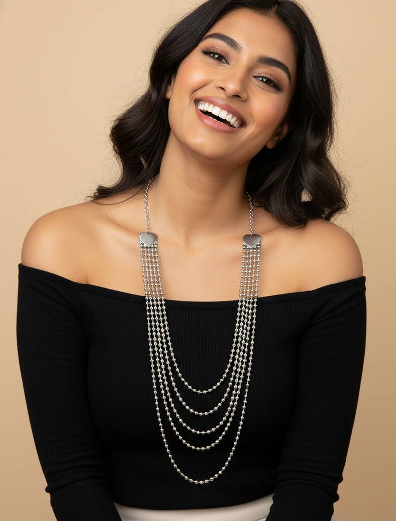 Nvr women silver plated multi-strand ball chain necklace with heart accents