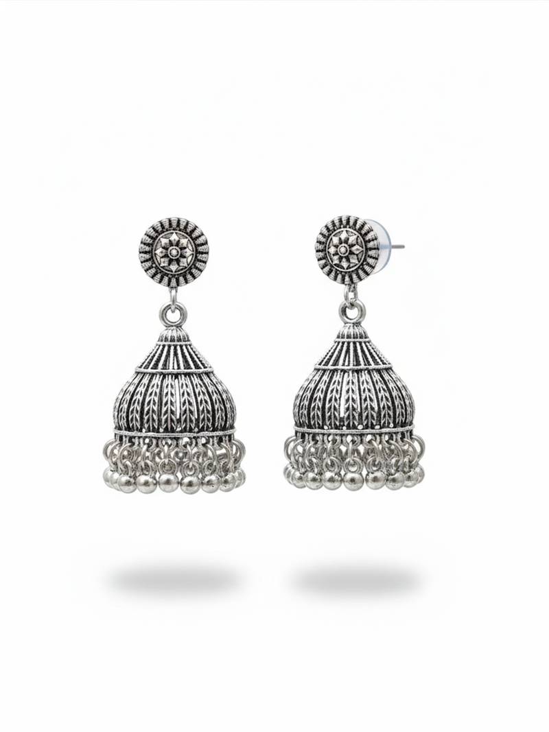 Nvr women's oxidized silver plated jhumkis earring set