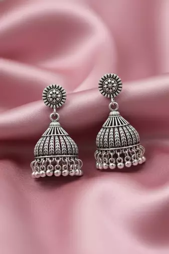 Nvr women's oxidized silver plated jhumkis earring set