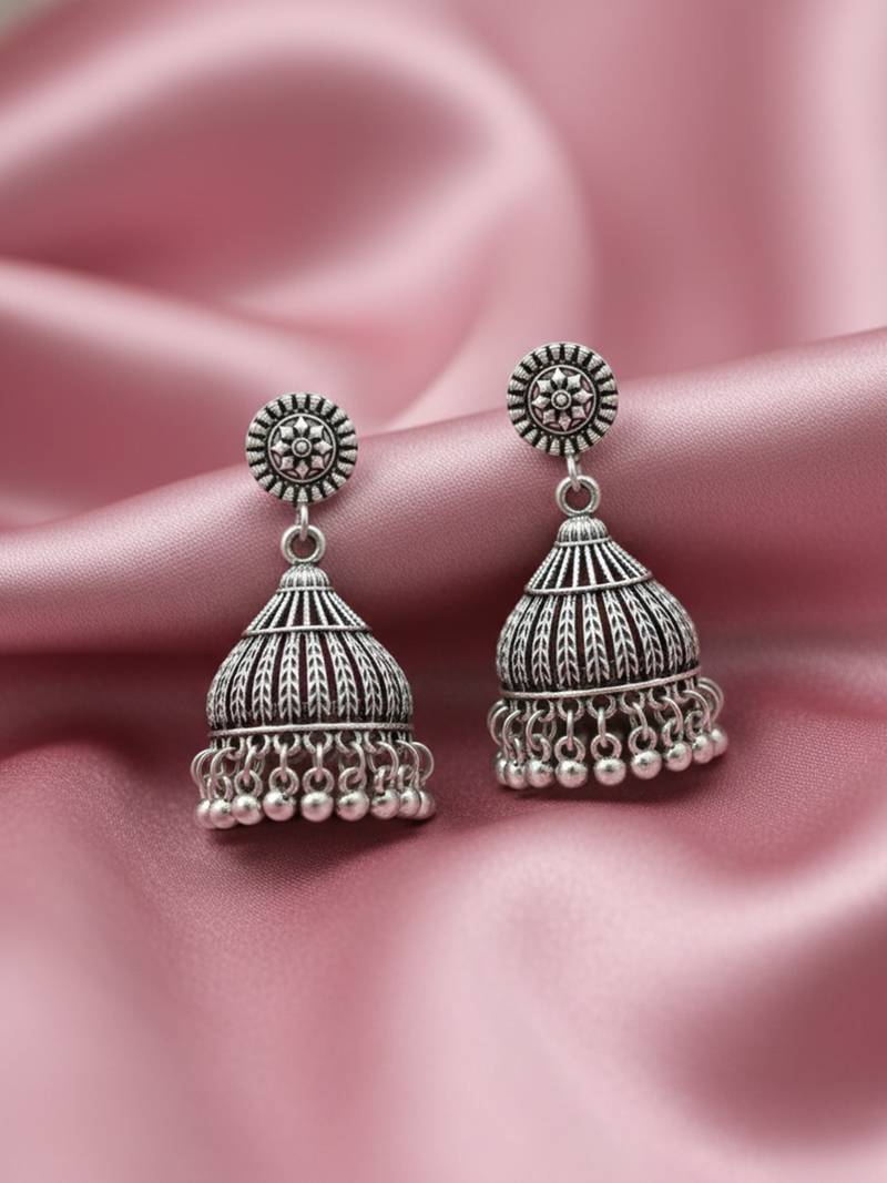 Nvr women's oxidized silver plated jhumkis earring set