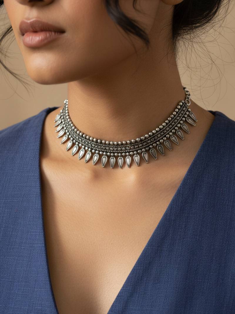 Nvr oxidised silver plated choker necklace for girls & women