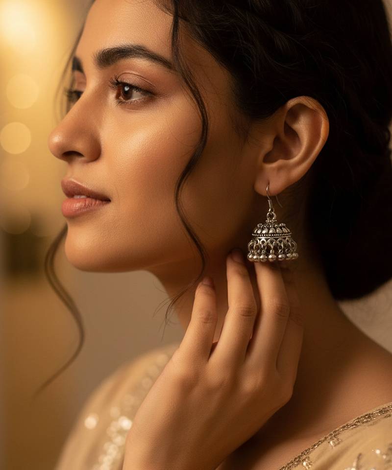 Nvr women traditional oxidized silver plated jhumkis earring set