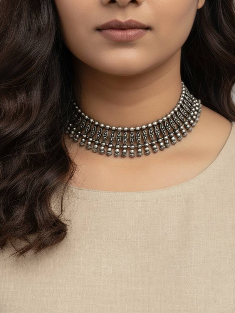 Nvr women traditional oxidised silver plated handmade necklace