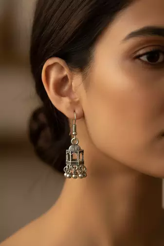 Nvr women traditional oxidized silver plated temple style jhumka earrings