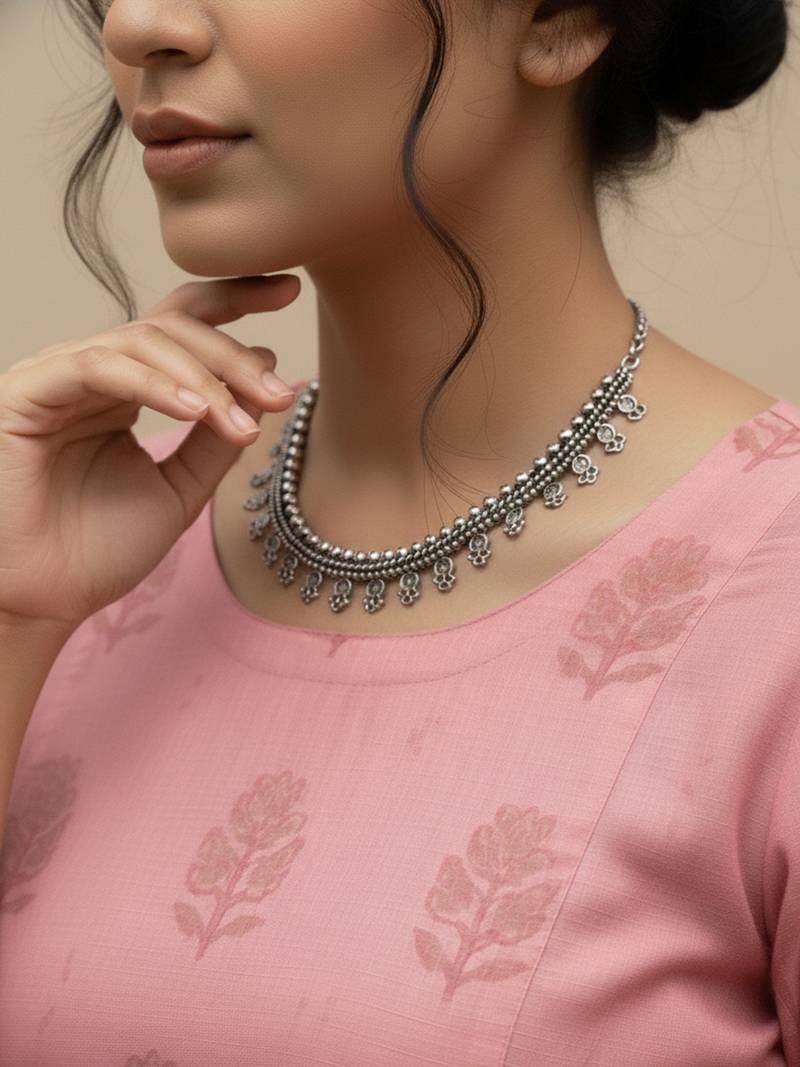 Nvr women oxidised silver plated choker necklace with paisley drops
