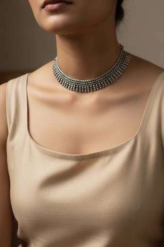 Nvr silver plated antique look layered ethnic necklace for women