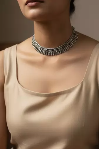 Nvr silver plated antique look layered ethnic necklace for women