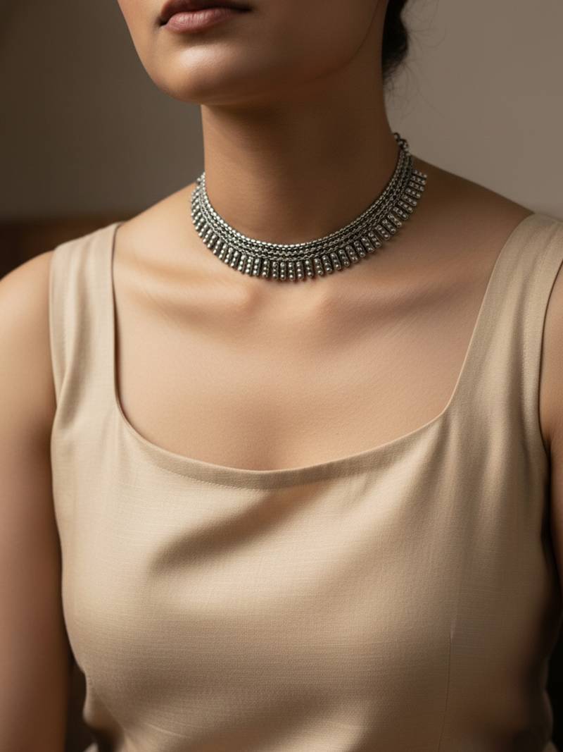 Nvr silver plated antique look layered ethnic necklace for women