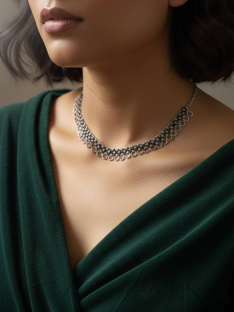 Nvr women oxidized silver plated tribal ring necklace