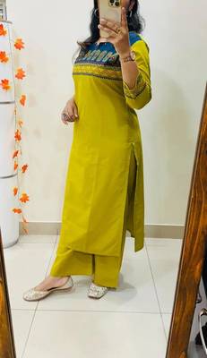 Floral embroidered yellow round neck cotton kurta set with trouser 2