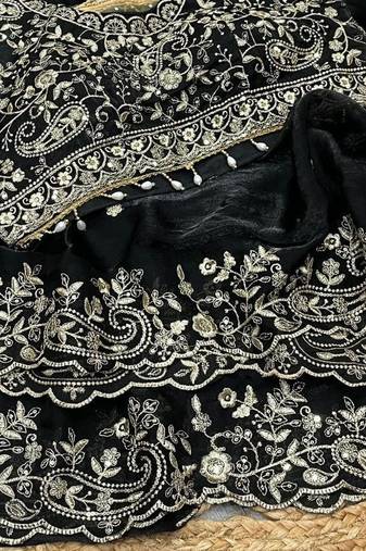 Black Color Embroidery sequence work heavy border Satin Saree