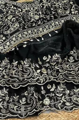 Black Color Embroidery sequence work heavy border Satin Saree