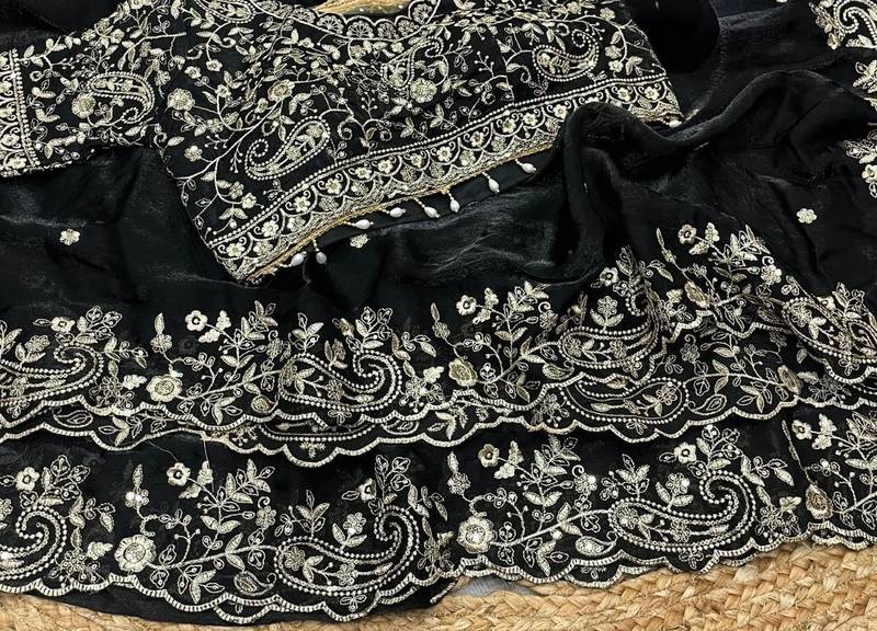 Black Color Embroidery sequence work heavy border Satin Saree