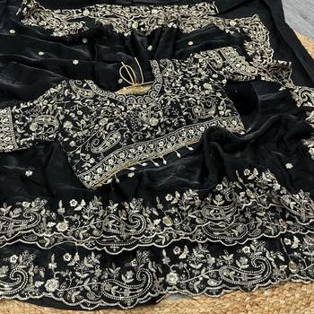 Black Color Embroidery sequence work heavy border Satin Saree 2
