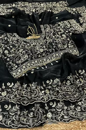 Black Color Embroidery sequence work heavy border Satin Saree