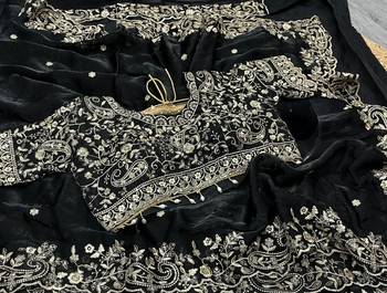 Black Color Embroidery sequence work heavy border Satin Saree 3