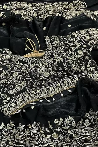 Black Color Embroidery sequence work heavy border Satin Saree