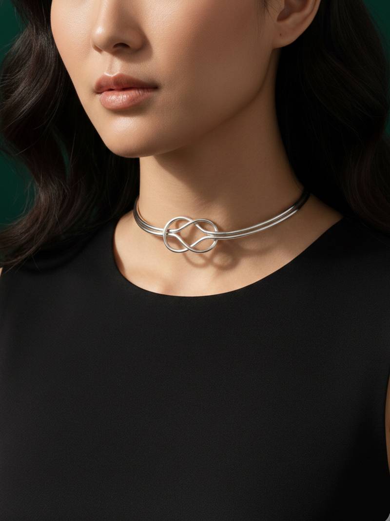 Nvr women's silver plated knot choker necklace